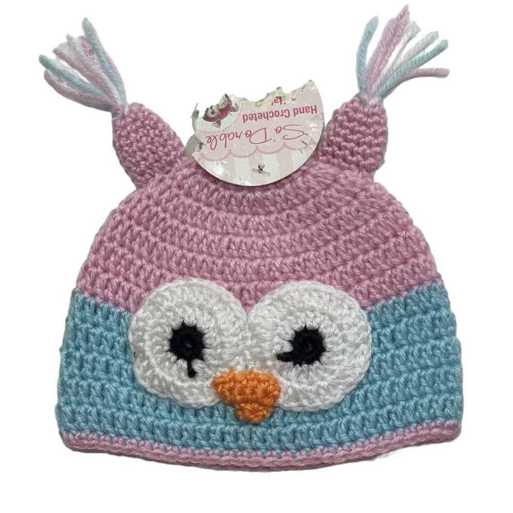 SO DORABLE Hand Crocheted Owl Bird Baby Winter Hat 0-6‎ Mos. Multi Beanie Boggan